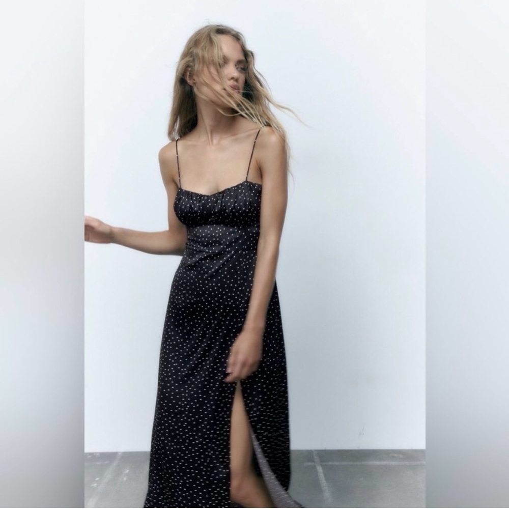 Zara Black and White Mini Polka Dot Babydoll Slip Dress with Slit Size Medium